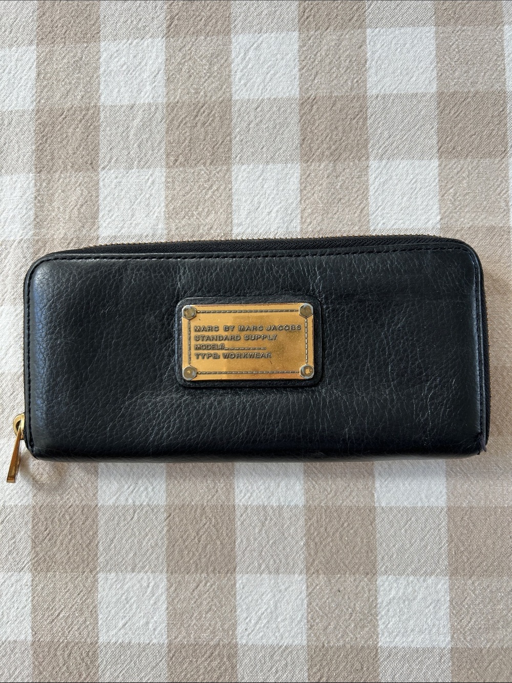 Marc Jacobs Black Leather Zip Wallet with Gold Plaque